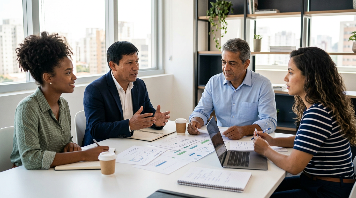 Equipe responsável em reunião de planejamento de saúde corporativa